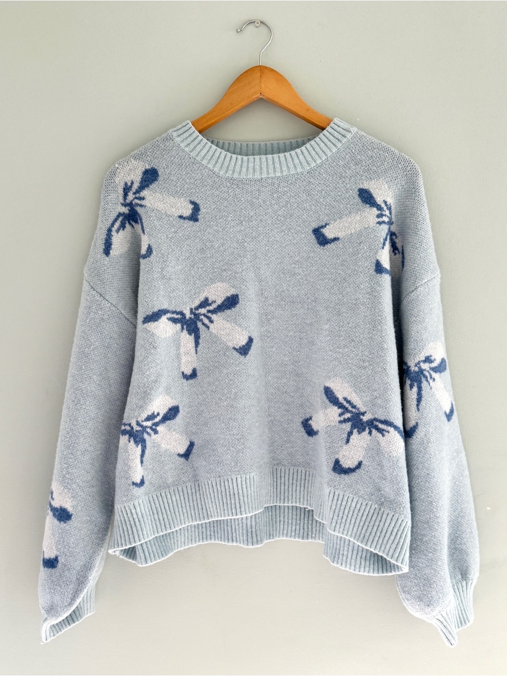 Blue Bow Print Oversized Knit Sweater Balloon Sleeve Size L